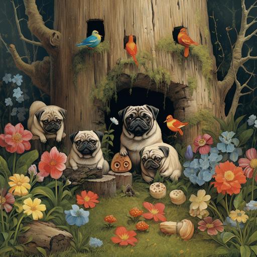 10 pugs peeking out from behind flowers with bunnies birds gnomes trees rocks logs