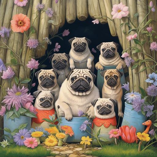 10 pugs peeking out from behind flowers with bunnies birds gnomes trees rocks logs