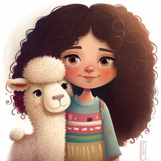 10 year old girl with wavy hair, cheerful, cartoon effect, bcbg style, loving cute stuffed llama