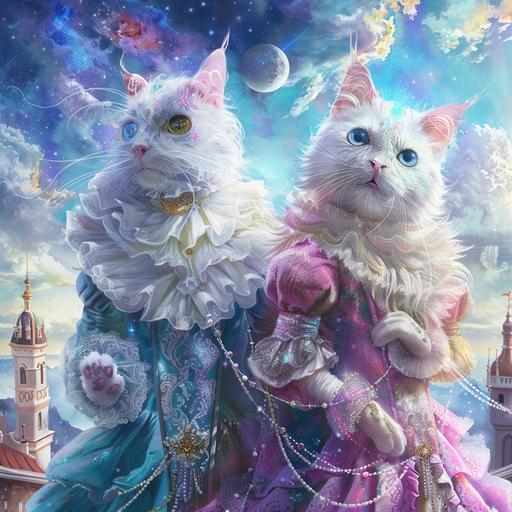 100% cat bodies and feautures: dressed in renissance clothing, a boy cat in a dashing suit, a girl cat in a ballgown with long curly pink hair Turn Romeo and Juliet into pastel cats with cotton candy color fur with galaxy pattern. Setting Space Castle with lots of space that shows the castle. 8k hyper realism HD fantasy style for a book cover --v 6.0