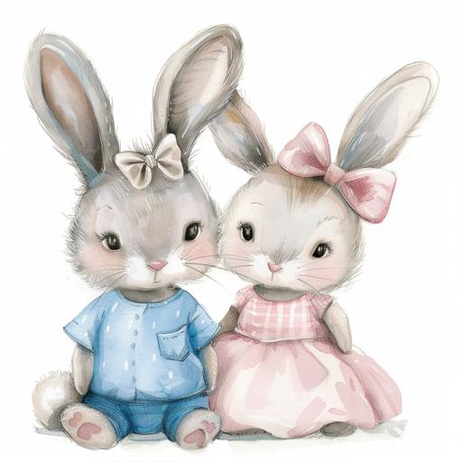 cute baby bunny in blue shirt and cute baby bunny in pink with bow on head - realistic watercolour, baby, Nursery clipart with on white background