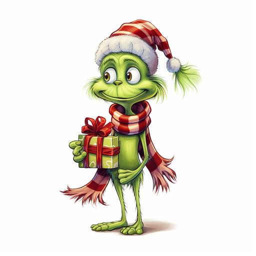 the skinny grinch cartoon style clipart with scarf and present in hands on isolated white background high quality