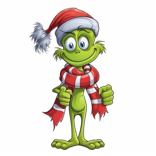 the skinny grinch cartoon style clipart with scarf and present in hands on isolated white background high quality
