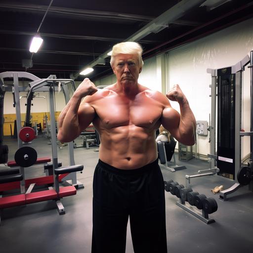 donald trump after hitting the gym with a massive chest pump hitting a front double bicep pose