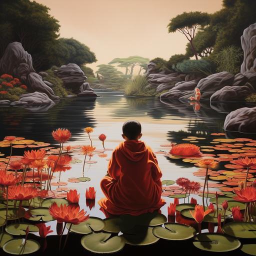 zen garden, lotus, ponds, koi fish, monks