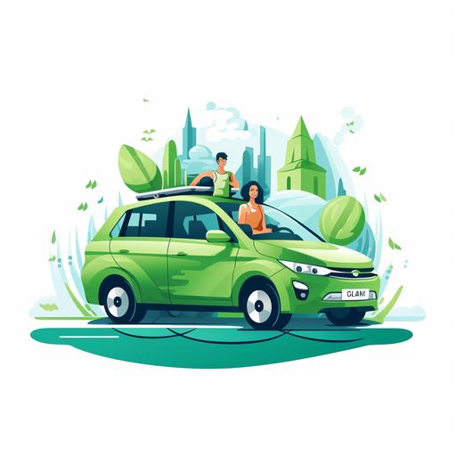 woman traveling in a self driving nice green colour car with her family, white letters bolt as logo, sustainability, cartoon, illustration, simple, minimalist, flat illustration, light, high quality, white background, vector style, character, detailed, detail, light shadows, diversity, illustrator vector drawing, presentation, executive, professional –ar 16:9