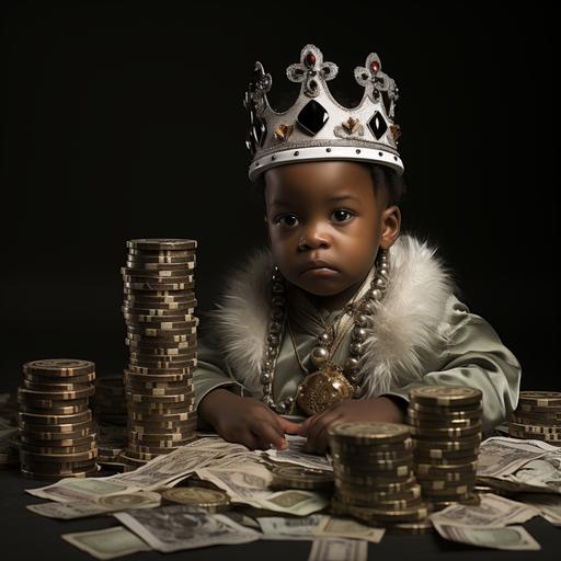 Nigerian baby king with stack of Naira cash playing casino, hyper realistic --v 5.2 --s 750