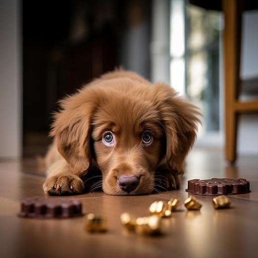 photo of golden retriever puppy lying on floor gazing a a piece of chocolate