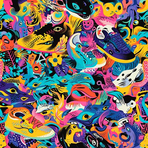 a colorful [animal] pattern with many different [sneaker] on it, graffiti-inspired, kidcore, dreampunk, humor meets heart, Funny themes, colorful dreams --s 50 --v 6.0