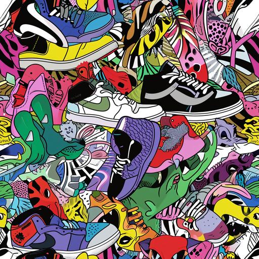 a colorful [animal] pattern with many different [sneaker] on it, graffiti-inspired, kidcore, dreampunk, humor meets heart, Funny themes, colorful dreams --s 50 --v 6.0
