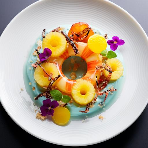 a colourful dish with pineapple rings on a white plate