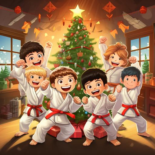 Taekwondo Students Enjoy Exciting Christmas Background: Taekwondo studio, animation, big Christmas tree