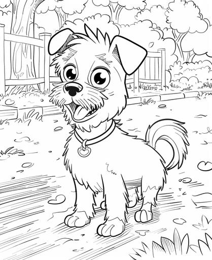 coloring page for kids, 3d dog in the park, cartoon style, thick lines, low detail, no shading --ar 9:11