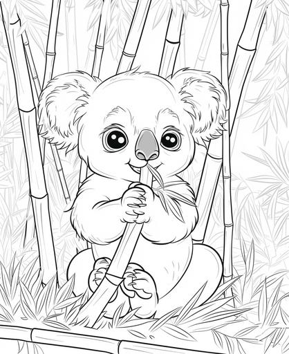 coloring page for kids, cute 3d baby koala eating bamboo in a bamboo forest, cartoon style, thick lines, low detail, no shading, --ar 9:11