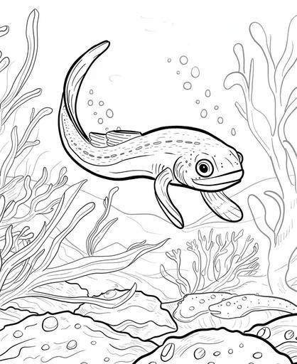 coloring page for kids, cute 3d eel coral reef , cartoon style, thick lines, low detail, no shading, --ar 9:11