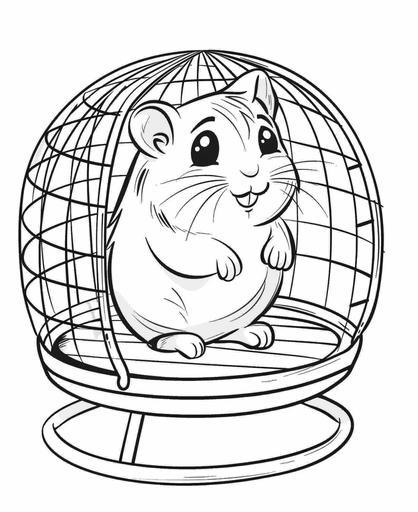 coloring page for kids, cute 3d hamster in cage on running wheel, cartoon style, thick lines, low detail, no shading, --ar 9:11