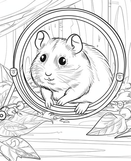 coloring page for kids, cute 3d hamster in its running wheel, cartoon style, thick lines, low detail, no shading, --ar 9:11