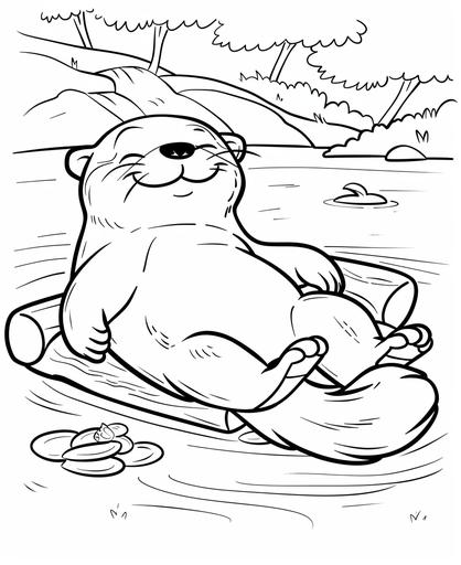 coloring page for kids, cute 3d otter in a river relaxing, cartoon style, thick lines, low detail, no shading, --ar 9:11