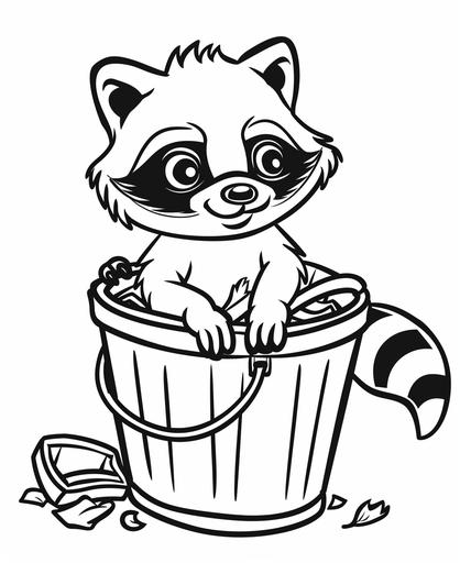 coloring page for kids, cute 3d raccoon going in the trash, cartoon style, thick lines, low detail, no shading, --ar 9:11