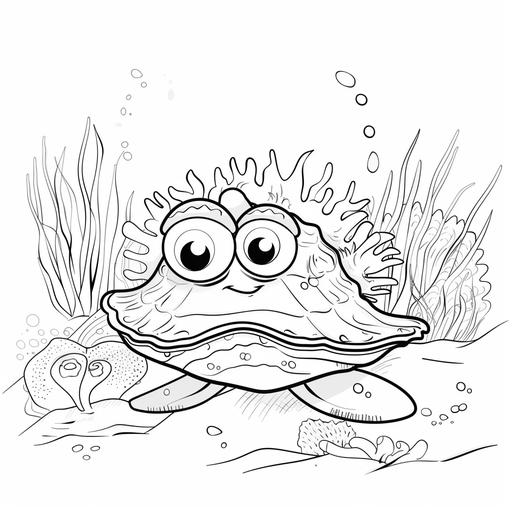 coloring page for kids, cute clam in a coral reef, cartoon style, thick lines, low detail, no shading,