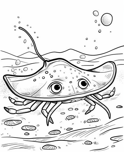 coloring page for kids, cute crab shaped like a sting ray on ocean floor, hard shell with long tail, long tail, cartoon style, thick lines, low detail, no shading --ar 9:11