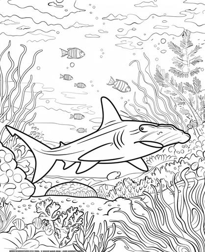 coloring page for kids, cute hammerhead shark coral reef , cartoon style, thick lines, low detail, no shading, --ar 9:11