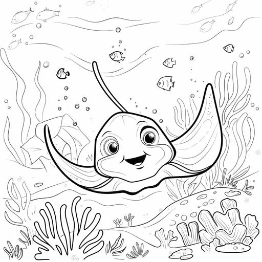 coloring page for kids, cute happy stingray in a coral reef, cartoon style, thick lines, low detail, no shading,