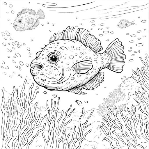coloring page for kids, cute pufferfish swimming in the ocean coral reef, cartoon style, thick lines, low detail, no shading,
