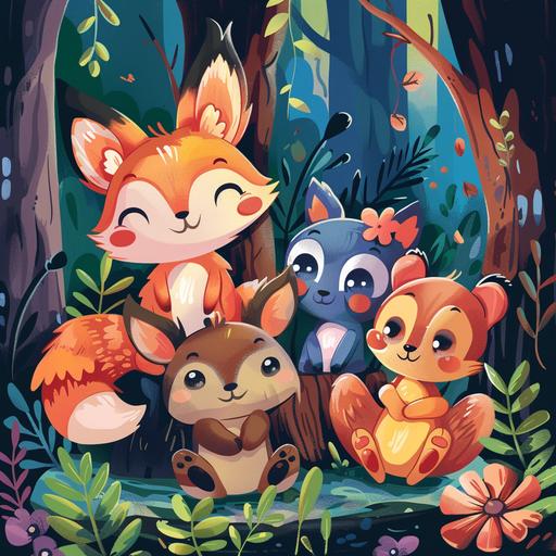 kids illustration cover, cute happy forest animals , cartoon style, thick lines, high detail, shading, vivid bright forest colors