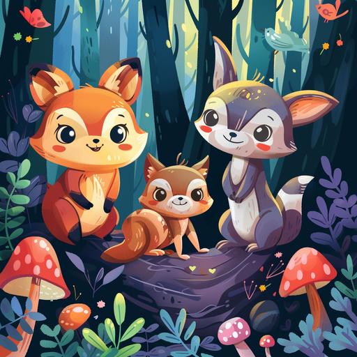 kids illustration cover, cute happy forest animals , cartoon style, thick lines, high detail, shading, vivid bright forest colors