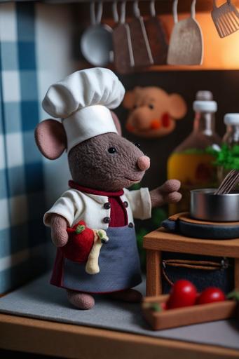Felt toy, funny humanoid rat in chef clothes makes cherry 🥧 on cozy kitchen, TV show --ar 2:3