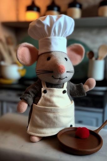 Felt toy, funny humanoid rat in chef clothes makes cherry 🥧 on cozy kitchen, TV show --ar 2:3