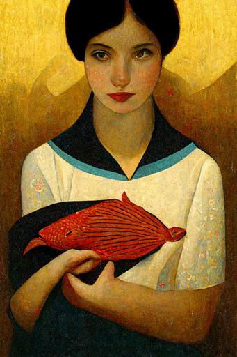 Girl holding Red Fish, Art Deco by Andrey Remnev --ar 10:16