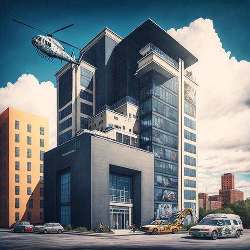 11 STORY APARTMENT BUILDING, in atlanta, modern , built with glass, busy metorpolitan street , under construction , with mural on entry , commercial space on bottom of building , car wash attached to building , helicopter landing pad on top , hyper realistic, 8k