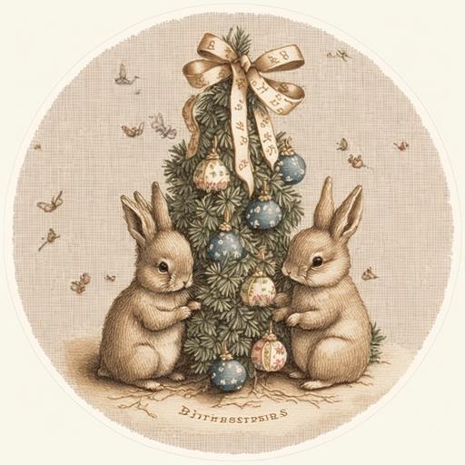 cute bunnies decorate a Christmas tree, sticker embroidery with a smooth surface, decorated with beads, artwork by Beatrix Potter --v 4
