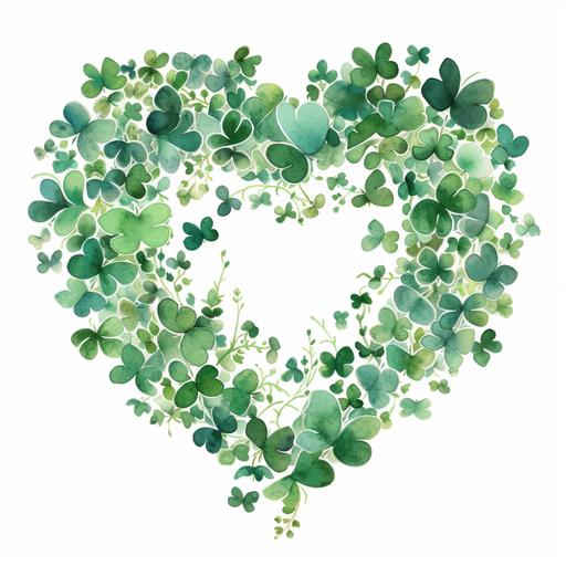 heart shaped wreath of emerald shamrock leaves, whimsical watercolor illustration by Ancell Stronach, white background, contest winner, folk art, creative commons attribution --v 5