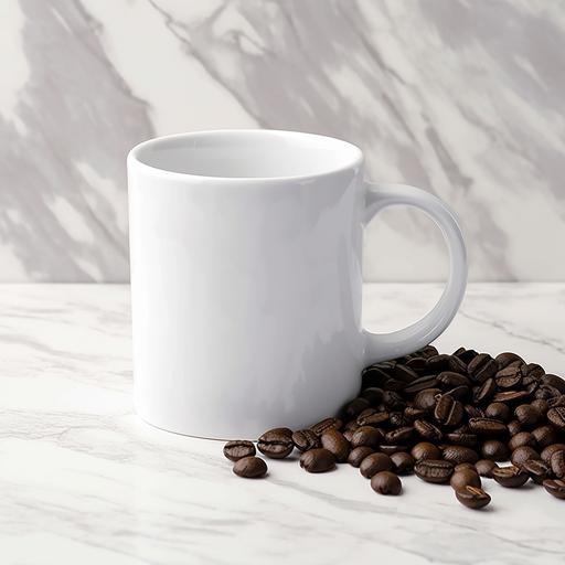 11 ounce blank black coffee mug sitting on marble kitchen counter with coffee beans scattered