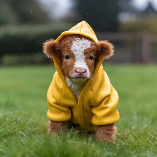curly, cute, brown, calf, wearing yellow hoodie, playing on the green lawn