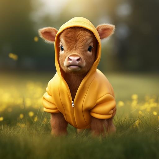 nice, cute, brown calf, wearing a yellow hoodie, playing in the green lawn, realistic image