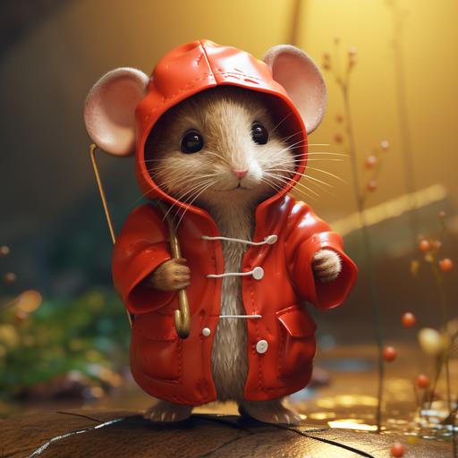 small mouse, dressed, in a red raincoat
