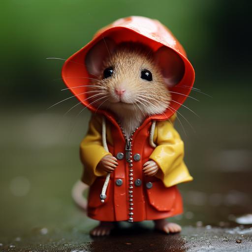 small mouse, dressed, in a red raincoat