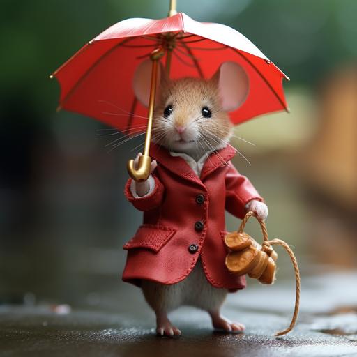 small, nice, realistic mouse, dressed in a red dress with umbrella