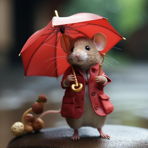 small, nice, realistic mouse, dressed in a red dress with umbrella