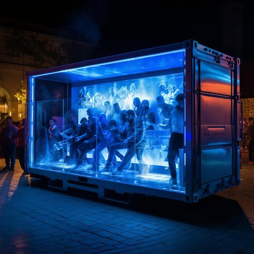 A 3D truck that carries an acrylic box with blue lights with a DJ inside playing with a person singing next to it, this stage is in a transparent acrylic box, you can see excitement and an audience on the outside that applauds the artists, hyperrealistic photography with high contrast of lights