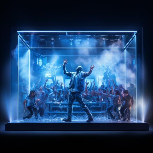 A stage with blue lights with a DJ inside playing with a person singing next to him, this stage is in a transparent acrylic box, you can see excitement and an audience on the outside that applauds the artists, hyperrealistic photography with high contrast of lights