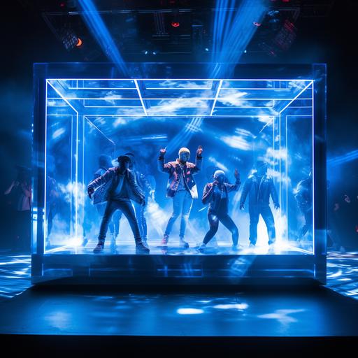 A stage with blue lights with a DJ inside playing with a person singing next to him, this stage is in a transparent acrylic box, you can see excitement and an audience on the outside that applauds the artists, hyperrealistic photography with high contrast of lights