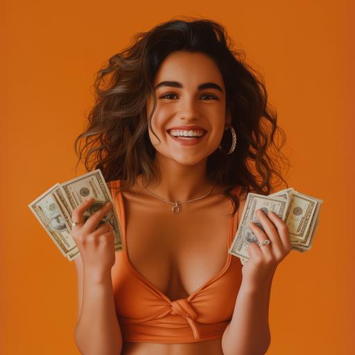 /Mujer morena latina joven sonriendo, sostiene unos dolares en suvmano, plano medio, sobre un fondo de color naranja, fotografía hiperrealista --v 6.0