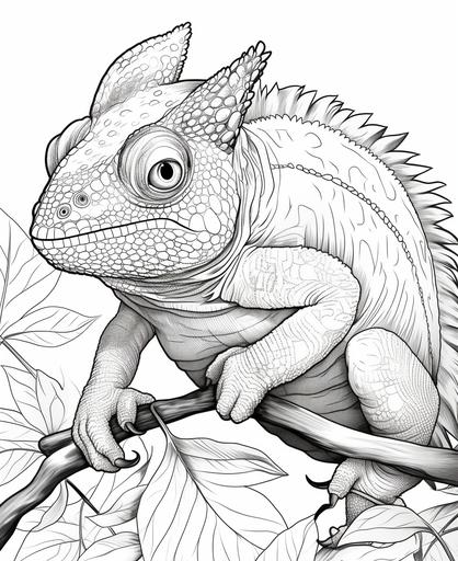 coloring page for kids, Chameleon, cartoon style, thick line, low detail, no shading --ar 9:11