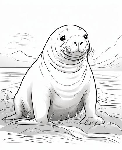 coloring page for kids, Elephant Seal, cartoon style, thick line, low detail, no shading --ar 9:11