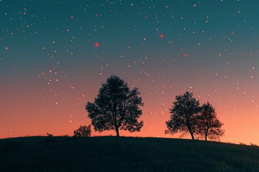 trees and the stars on a grassy hill, in the style of cowboy imagery, silhouettes in space, nikon d850, li wei, rural life scenes, 32k uhd, tabletop photography --ar 128:85 --v 6.0